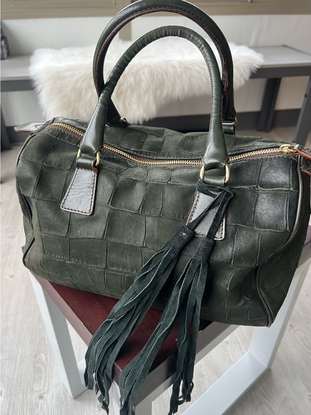 Marco Buggiani Dark Green Croc-Embossed leather Satchel Bag with suede Tassel